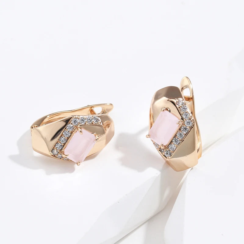 Wbmqda Luxury Fashion Pink Zircon Drop Earrings For Women 585 Rose Gold Color Square Stone Setting Wedding Party Fine Jewelry