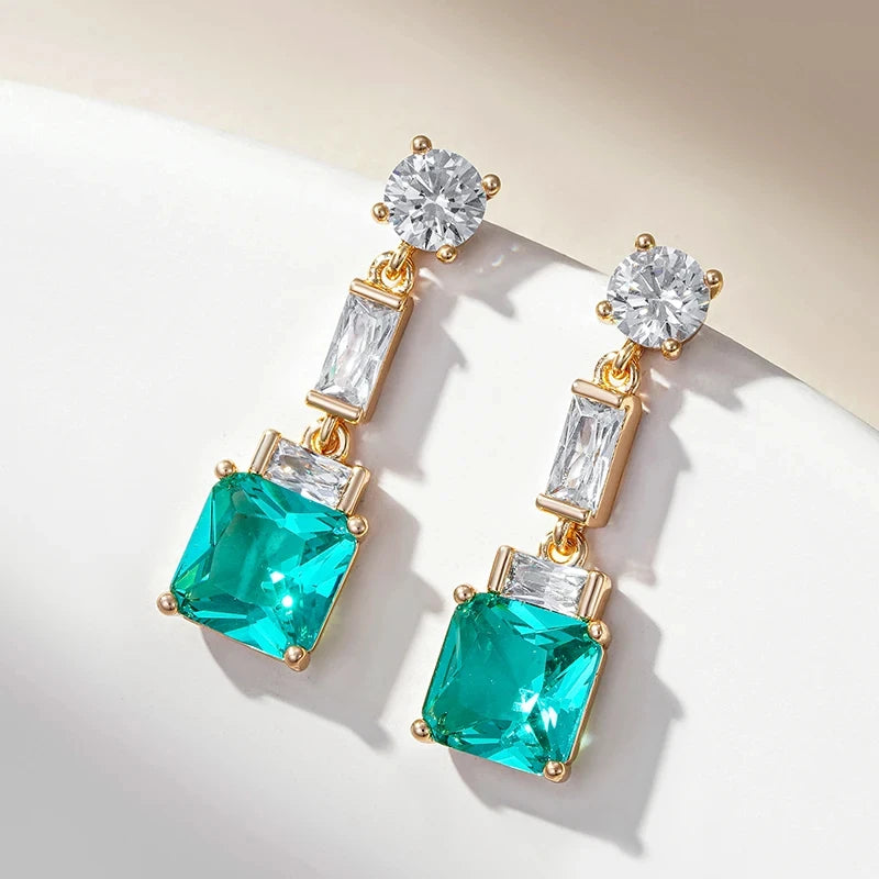 Wbmqda Unique Green Square Zircon Stud Earring For Women 585 Rose Gold Color Luxury Fashion Wedding Party Jewelry