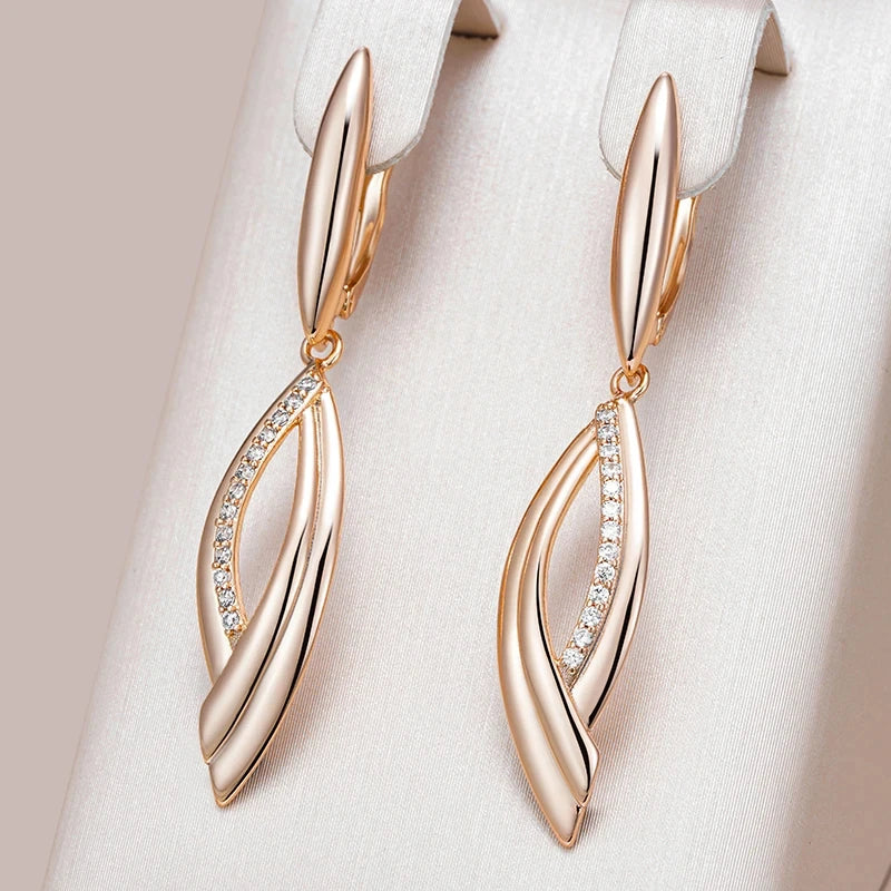 Wbmqda Simple Eleangt Long Drop Earrings For Women 585 Rose Gold Color With Natural Zircon  Wedding Party Fashion Dubai Jewelry