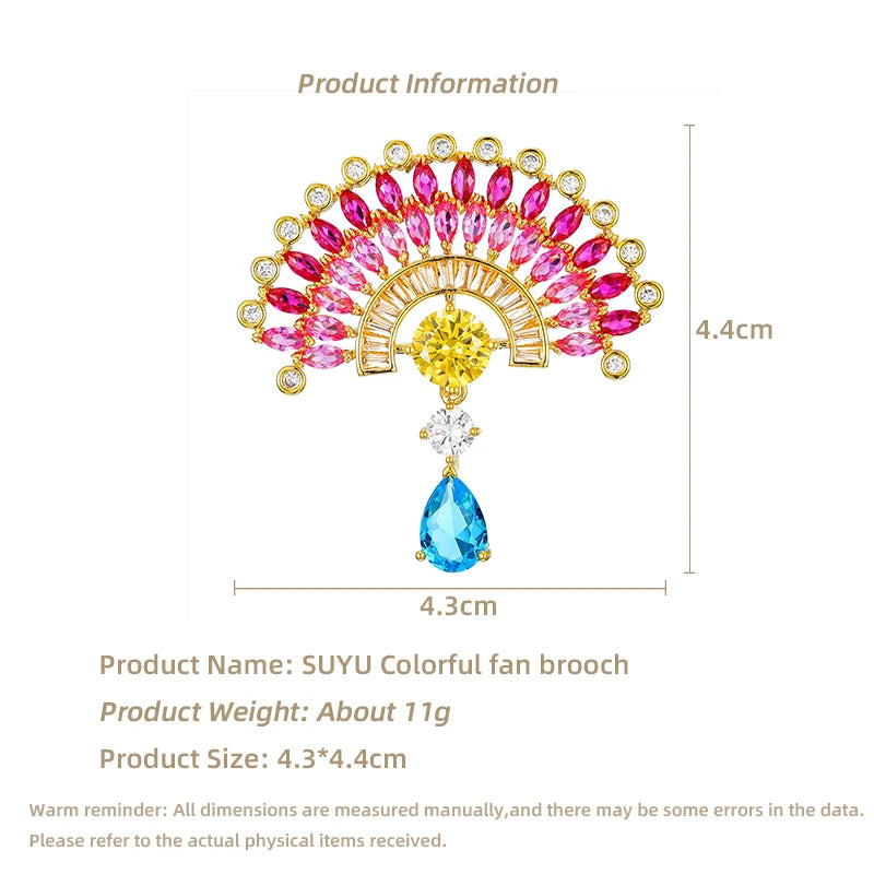 SUYU Inlaid Color Cubic Zirconia Fan Brooch Water Drop Shaped Brooch Ornament Gift Pin