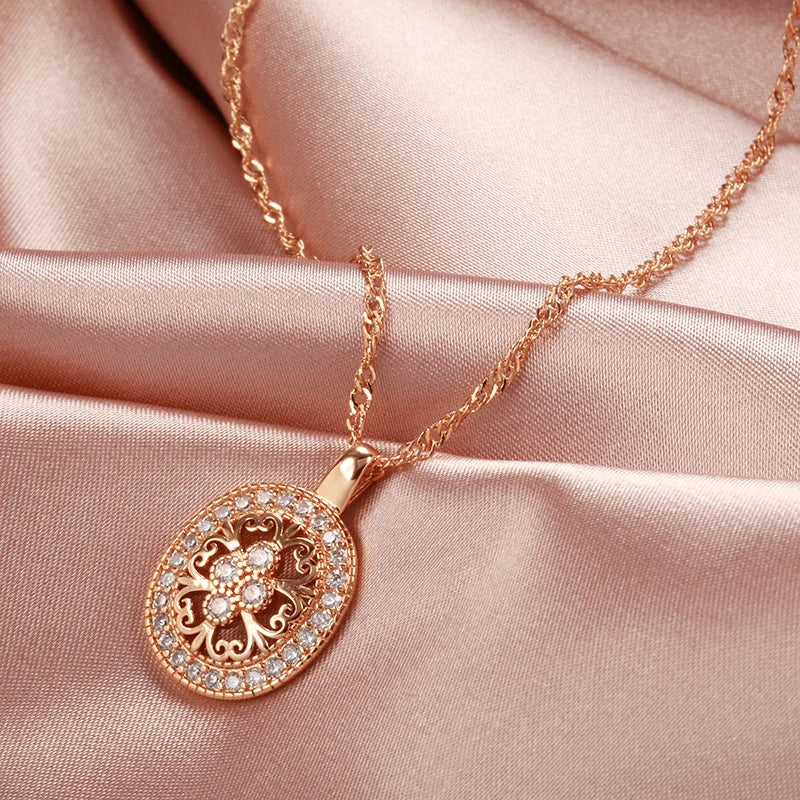 Wbmqda Ethnic Pattern Hollow Pendant And Necklace For Women 585 Rose Gold Color With White Natural Zircon Fine Luxury Jewelry