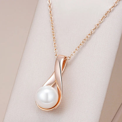 Kinel Luxury 585 Rose Gold Pendant Necklace for Women Unique Geometric Hollow Pearl Bridal Wedding Jewelry Daily Wear Gift