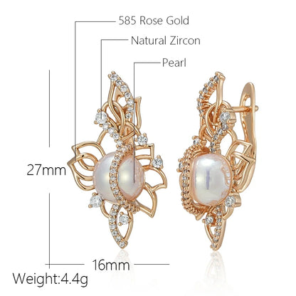 Wbmqda Luxury Unique Pearl Drop Earrings For Women 585 Rose Gold Color With White Natural Zircon Trendy Personalized Jewelry