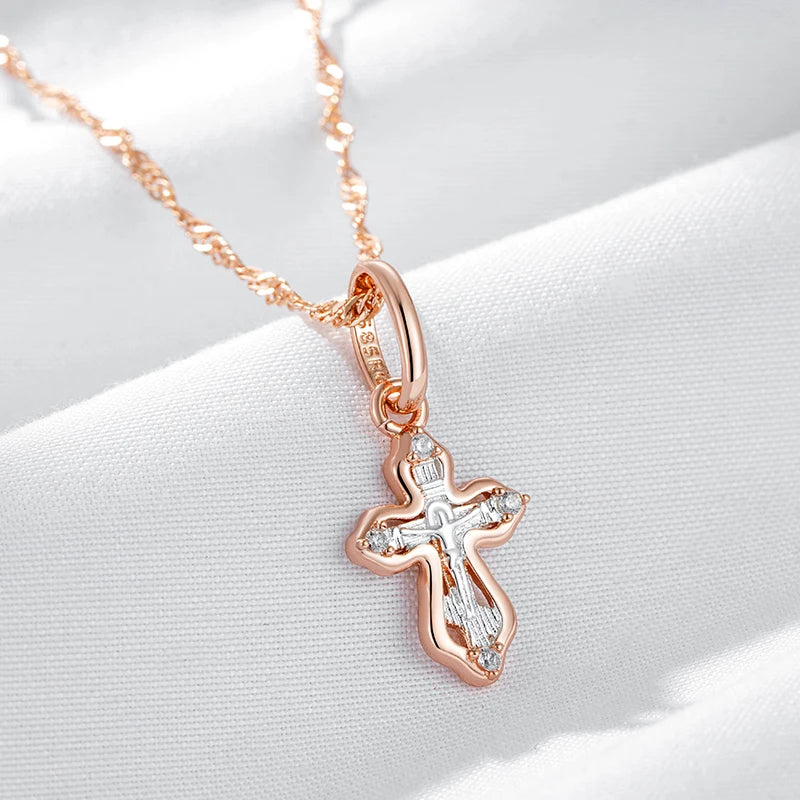 Kinel Luxury Orthodox Church Cross Small Pendant Necklace For Women 585 Rose Gold Color Natural Zircon Jesus Charm Daily Jewelry