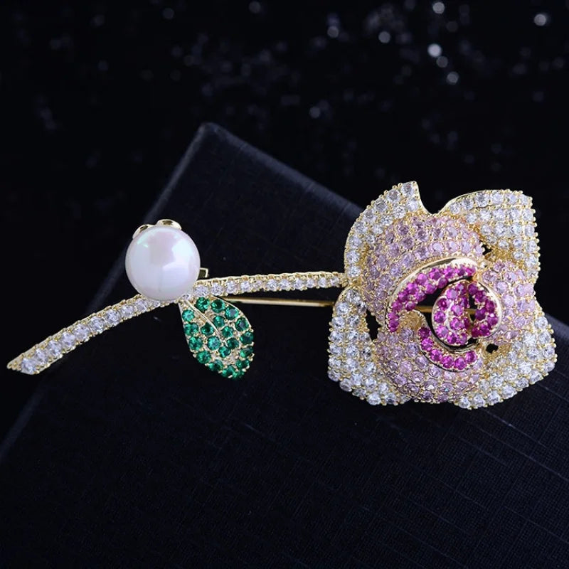 SUYU Rose Zircon Imitation Pearl Brooch Elegant And Fashionable Creative And Versatile Accessory