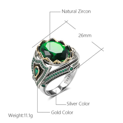 Kinel Vintage Ring for Men Green Natural Zircon Hand Engraved Pattern Ethnic Jewelry Punk Big Ring Best Daily Accessories