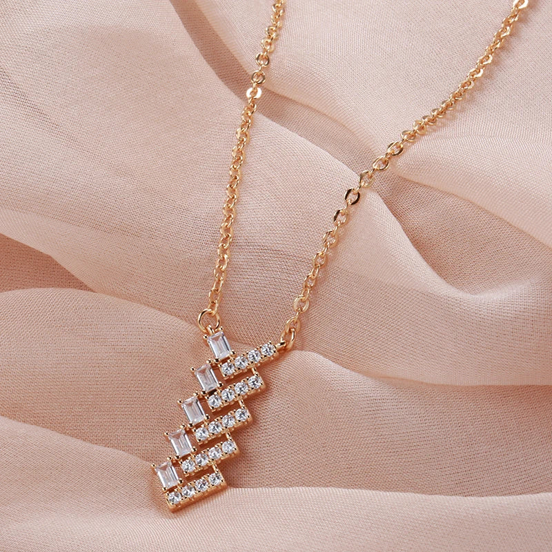 Wbmqda Trendy Geometric Zircon Pendant And Necklace For Women 585 Rose Gold Color Daily Party Fine Neck Chain Jewelry Gifts