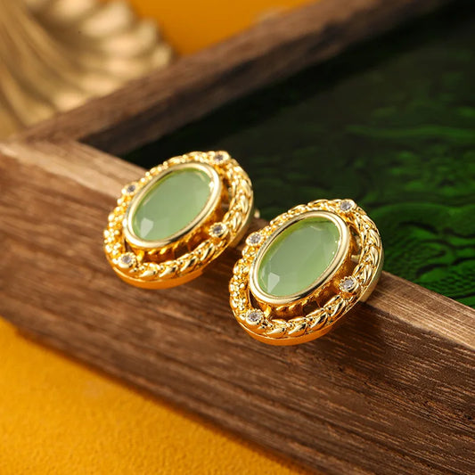 SUYU Vintage Decoration With Unique Texture Green Zircon Earrings Luxurious Design For Women Circular Earrings Daily Accessories