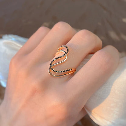 Wbmqda Unique Black White Natural Zircon Ring For Women 585 Rose Gold Color Trendy Geometric Twisted Design Daily Fine Jewelry