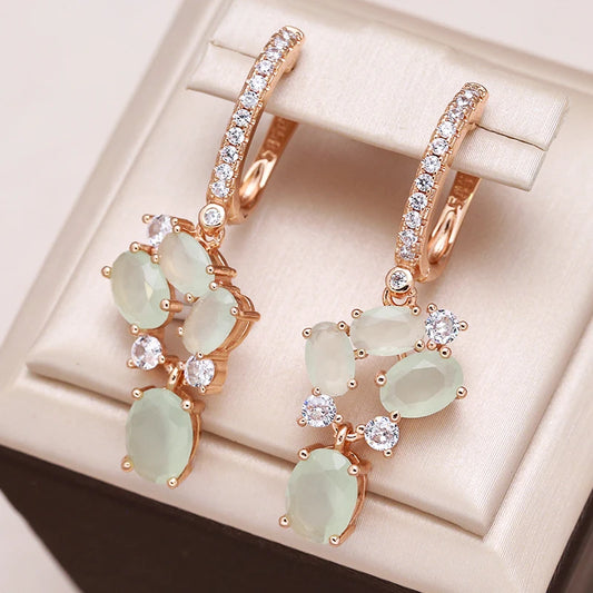 Kienl New 585 Rose Gold Color Long Earring for Women Vintage Green Natural Zircon Flower Drop Earring High Quality Daily Jewelry