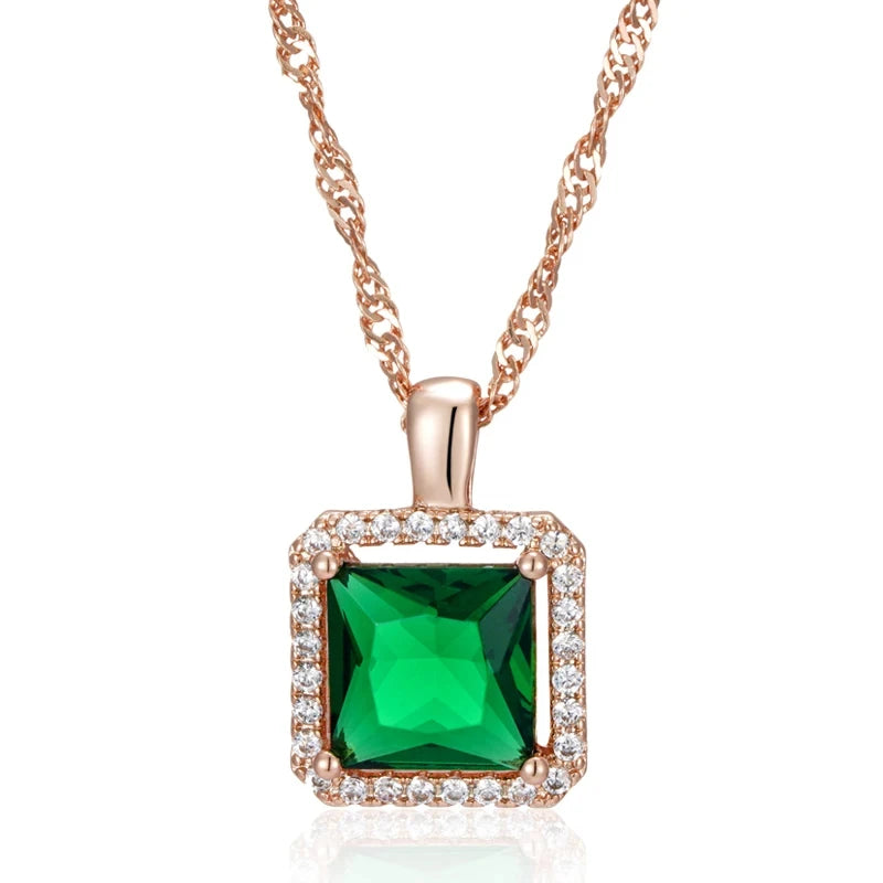 Wbmqda Square Green Stone Pendant And Necklace For Women 585 Rose Gold Color Luxury Zircon Jewelry Accessories