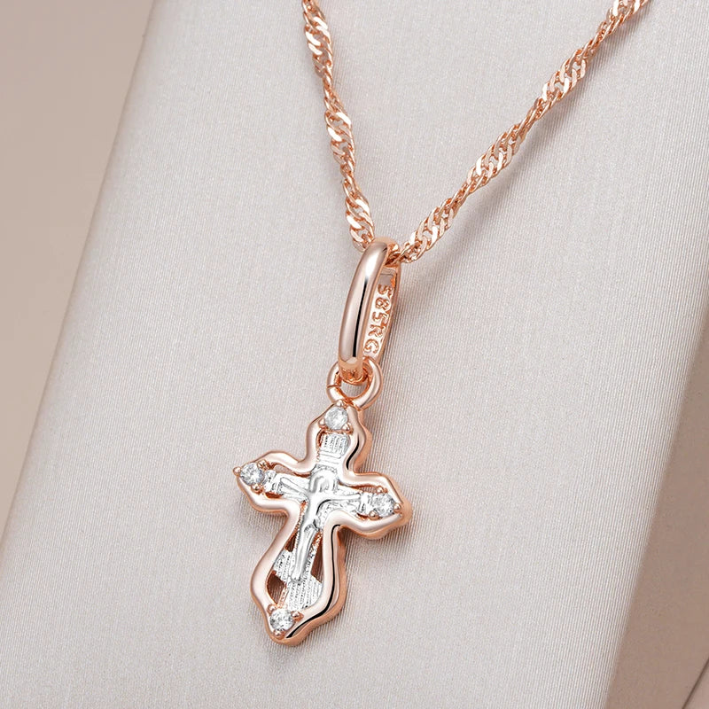 Kinel Luxury Orthodox Church Cross Small Pendant Necklace For Women 585 Rose Gold Color Natural Zircon Jesus Charm Daily Jewelry