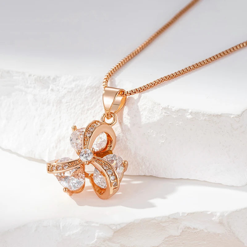 Kinel Hot Crystal Flower Pendant Necklace For Women 585 Rose Gold Color Natural Zircon Accessories Daily Fine Ethnic Jewelry