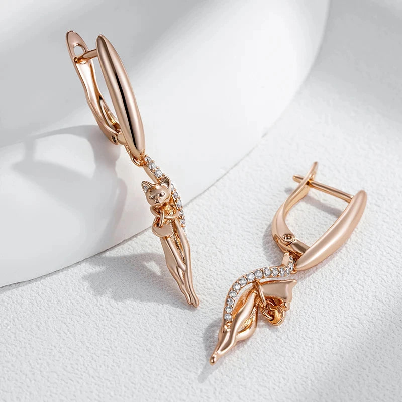 Wbmqda Unique Cat Shape Drop Earrings For Women 585 Rose Gold Color With White Natural Zircon Fashion Animal Jewelry Accessories