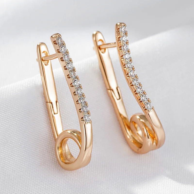 Wbmqda Sparkling Personality Pin Shape Zircon Dangle Earrings For Women 585 Rose Gold Color Simple Fashion Jewelry Accessories