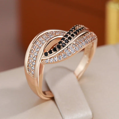 Wbmqda Luxury 585 Rose Gold Color Genuine Jewelry Ring For Women With Black White Natural Zircon Ethnic Wedding Fine Accessorie