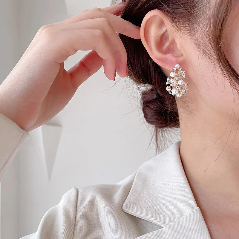 SUYU Earrings With Hollowed Out Half Rings And Simulated Pearl Shell White Flower Earrings