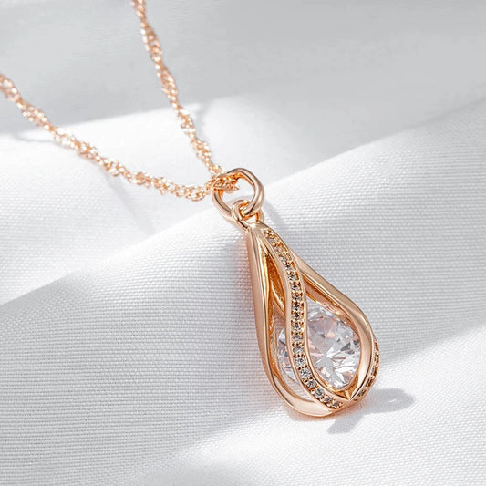 Wbmqda Luxury Natural Zircon Pendant And Necklace For Women 585 Rose Gold Color Sparkling Bridal Wedding Party Ethnic Jewelry