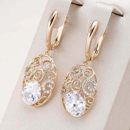 Kienl Hot 585 Rose Gold Color Crystal Flower Long Earring for Women Glossy Big Natural Zircon Drop Earring Trend Daily Jewelry