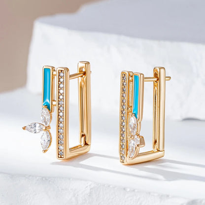 Wbmqda Unique Blue Enamel Dangle Earrings For Women 585 Rose Gold Color 2023 Trendy Crystal Flower Zircon Ear Drop Jewelry