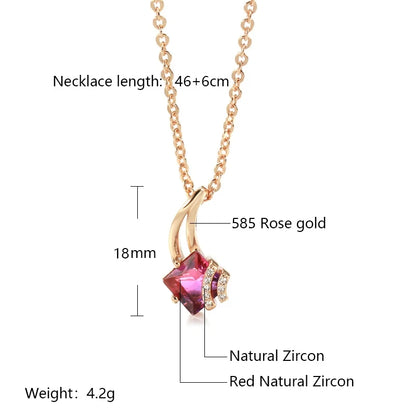 Kinel Hot Square Red Natural Zircon Pendant Necklace for Women Fashion 585 Rose Gold Color Pendant Wedding Jewelry Crystal Gift