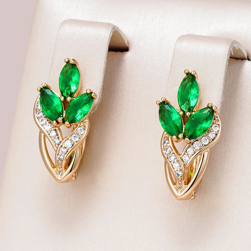 Wbmqda Fashion Green Crystal Flower Drop Earrings For Women 585 Rose Gold Color Natural Zircon Setting Wedding Party Jewelry