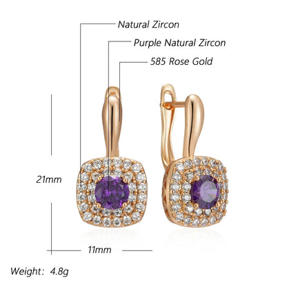 Wbmqda Luxury Purple Women's Drop Earrings 585 Rose Gold Color Full Stones Setting Shiny Wedding Party Fine Jewelry