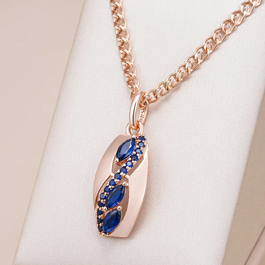 Kinel Hot Shiny Rhombus Blue Natural Zircon Pendant Necklace for Women Fashion 585 Rose Gold Color Daily Fine Vintage Jewelry