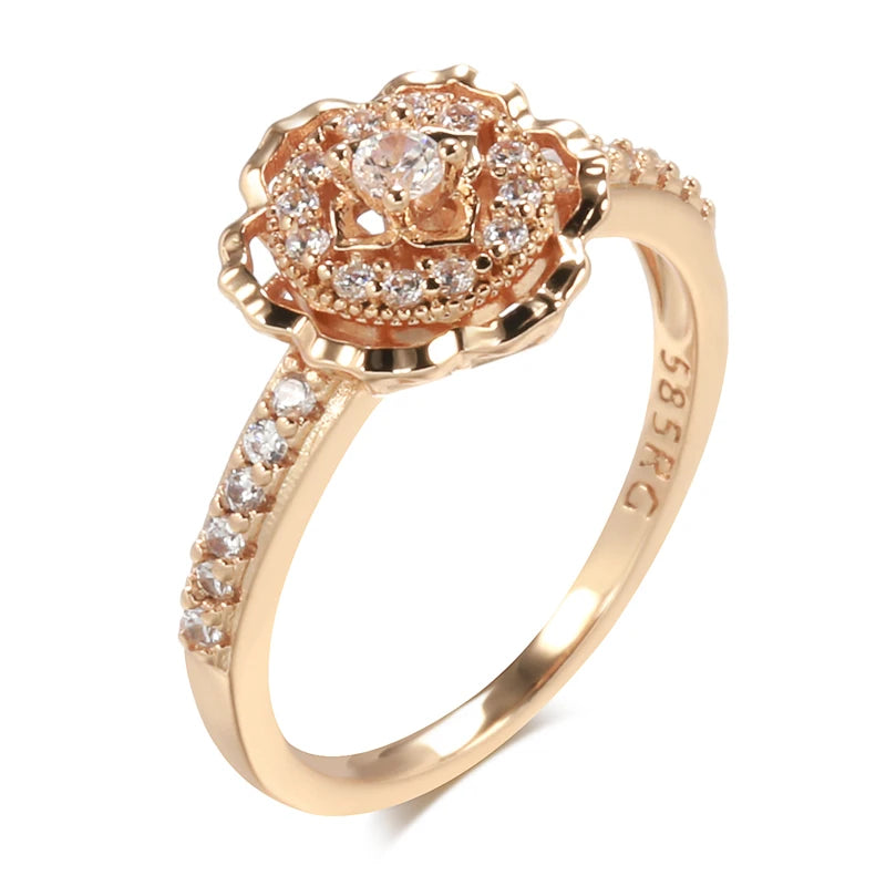 Wbmqda Luxury Metal Flower Finger Ring For Women 585 Rose Gold Color With White Natrual Zircon Ethnic Bride Wedding Jewelry Gift