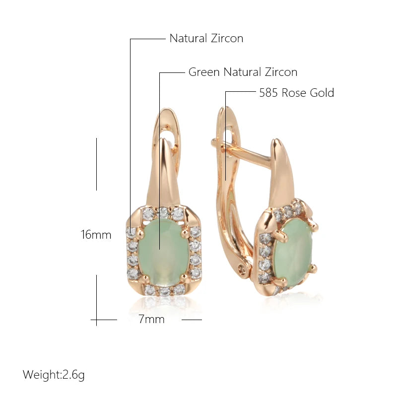 Wbmqda New Oval Green Natural Zircon Drop Earrings For Women 585 Rose Gold Color Luxury Retro Ethnic Wedding Party Fine Jewelry