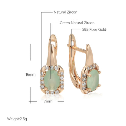 Wbmqda New Oval Green Natural Zircon Drop Earrings For Women 585 Rose Gold Color Luxury Retro Ethnic Wedding Party Fine Jewelry