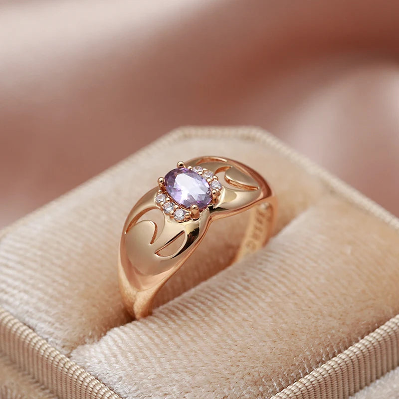 Kinel New Fashion Rings for Women 585 Rose Gold With Micro Wax Inlay Oval Purple Natural Zircon Bridal Ring Wedding Jewelry