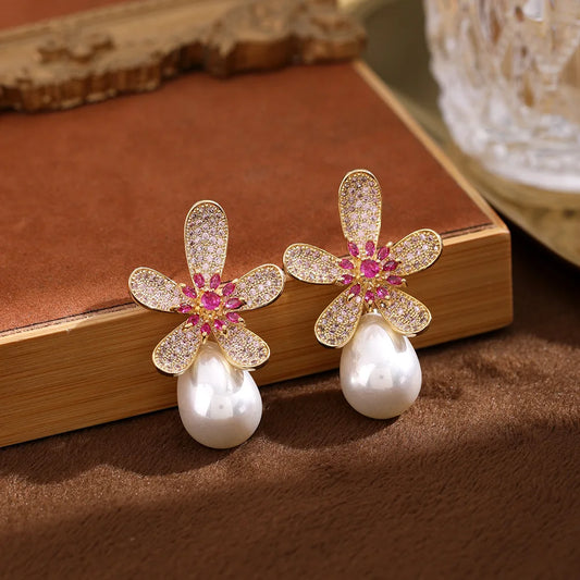 SUYU New Fashion Women's Light Luxury Accessories Micro inlaid Colorful Zircon Petals Simulated Pearl Flower Earrings