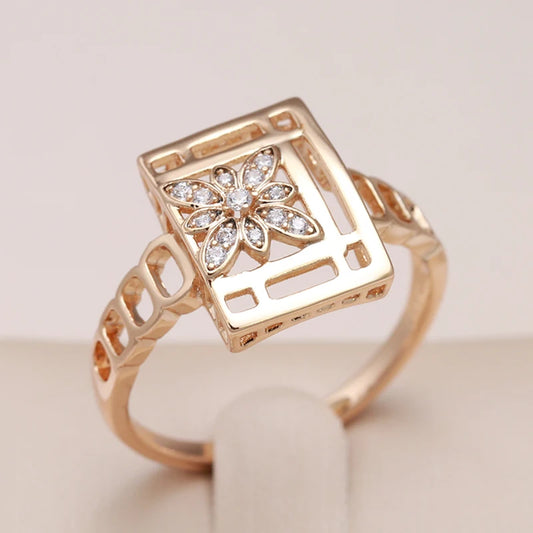 Kinel Trend Square Crystal Flower Women's Rings 585 Rose Gold Color Natural Zircon Ethnic Bride Ring Vintage Wedding Jewelry