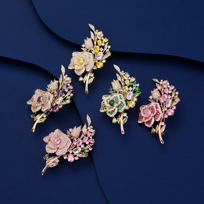 SUYU Popular Women's Luxurious Brooch, Flower Colored Zircon Micro Inlaid Dinner Dress Accessories Rose Flower Accessories Pins