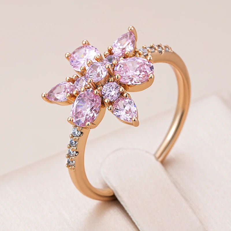 Wbmqda Luxury Pink Crystal Genuine Jewelry Ring For Women 585 Rose Gold Color Fashion Romantic Zircon Accessories 2023 Trending