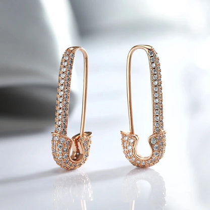 Wbmqda Unique Pin Shape Drop Earrings For Women 585 Rose Gold Color Full Zircon Setting Personalized Pierced Jewelry Accessories