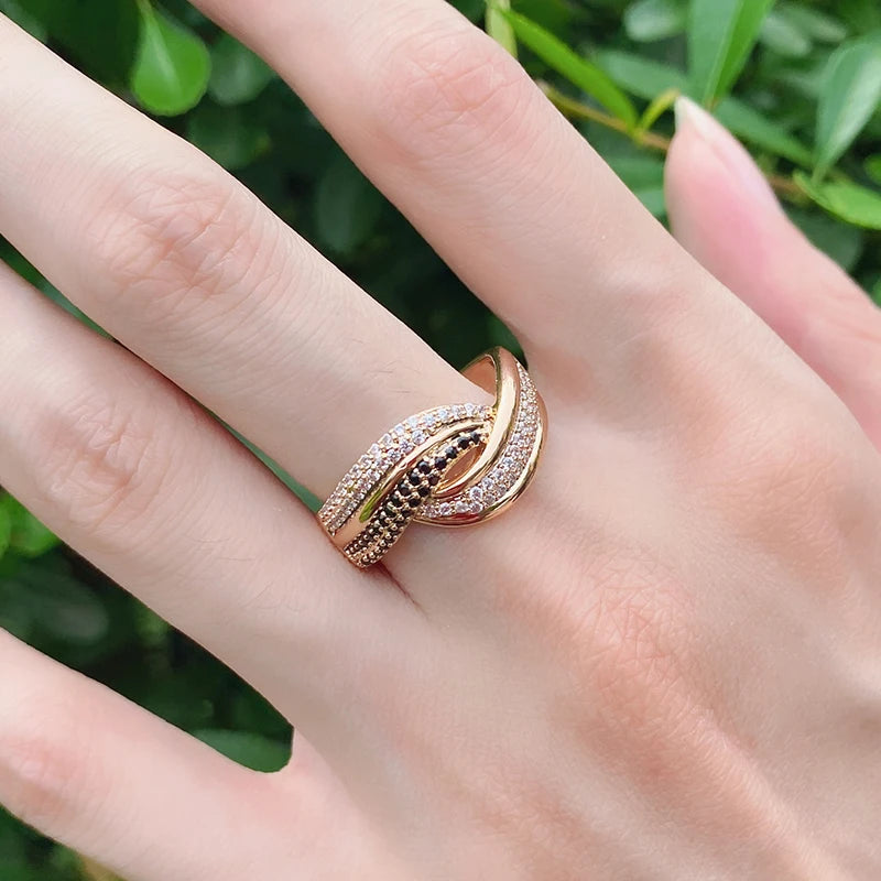 Wbmqda Luxury 585 Rose Gold Color Genuine Jewelry Ring For Women With Black White Natural Zircon Ethnic Wedding Fine Accessorie