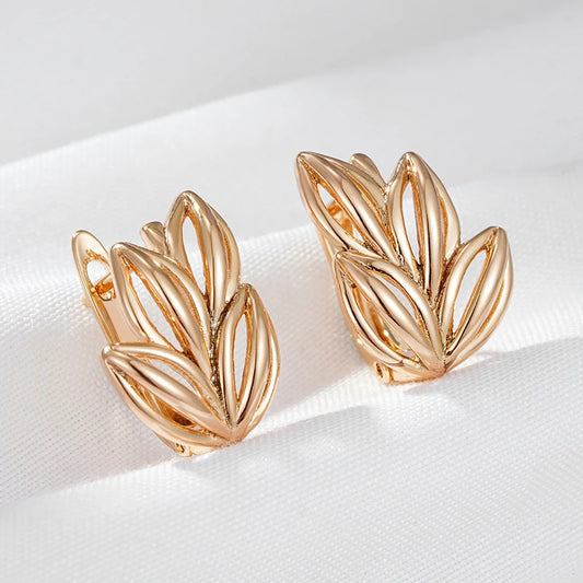 Wbmqda 585 Rose Gold Color Simple Fashion Hollow Grass Shaped Hoop Earrings For Women Daily Matching Fine Jewelry Accessories