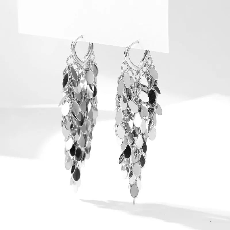 Exaggerated Atmospheric Niche Design Long Metal Sequin Tassel Earrings