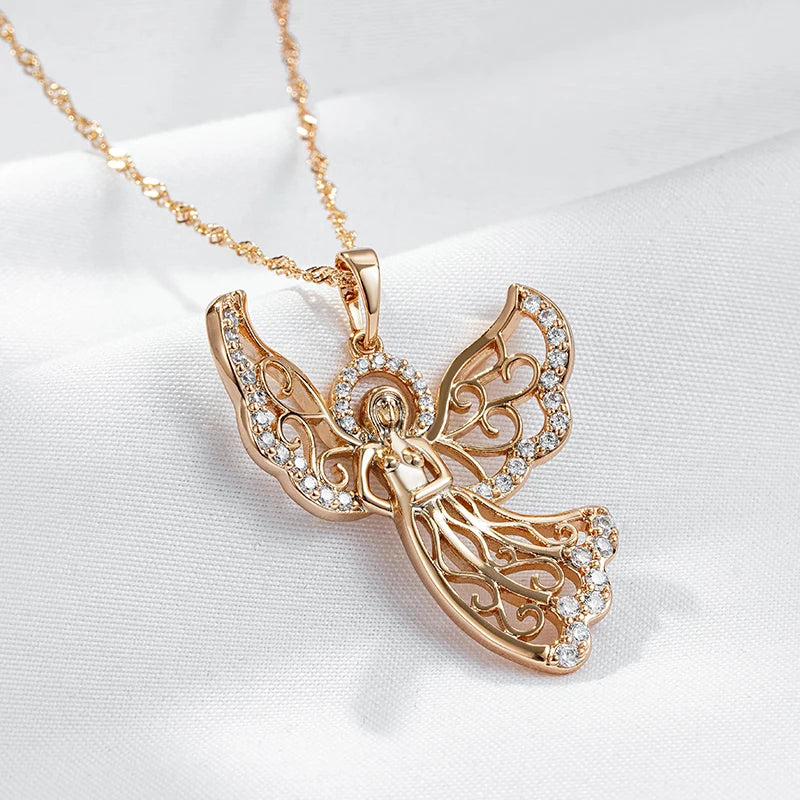 Wbmqda Luxury Fashion Angel Pendant And Necklace For Women 585 Rose Gold Color With White Natural Zircon Best Jewelry Gift