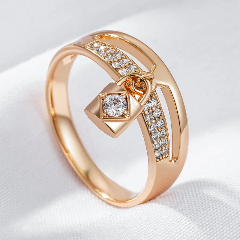 Wbmqda Fashion Metal Lock Pendant 585 Rose Gold Color Natural Zircon Ring For Women Holiday Party Personalized Jewelry Gifts