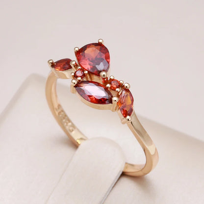 Kinel 2022 Luxury Leaf Ring for Women Red Natural Zircon With 585 Rose Gold Bride Ring Lady Anniversary Gift Wedding Jewelry