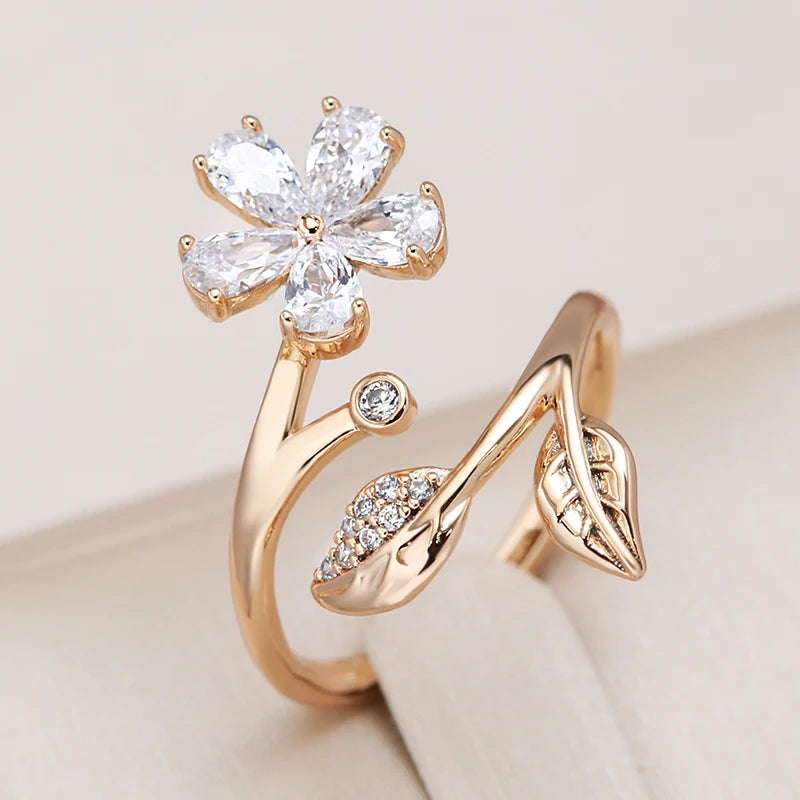 Wbmqda Sparkling Crystal Flower Zircon Ring For Women 585 Rose Gold Color Fashion Romantic Wedding Party Fine Jewelry Gift