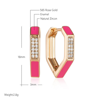 Wbmqda New Fashion Design Pink Enamel Hoop Zircon Earrings For Women 585 Rose Gold Color Simple French Style Jewelry Accessories