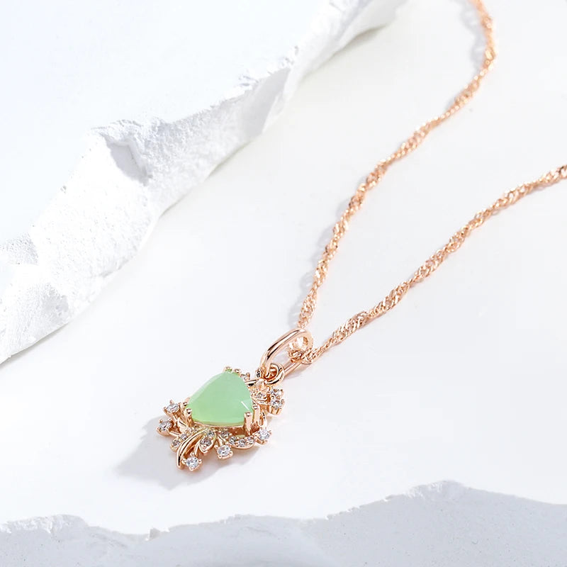 Kinel Trend Crystal Flower Pendant Necklace for Women 585 Rose Gold Color Green Natural Zircon Accessories Fine Daily Jewelry