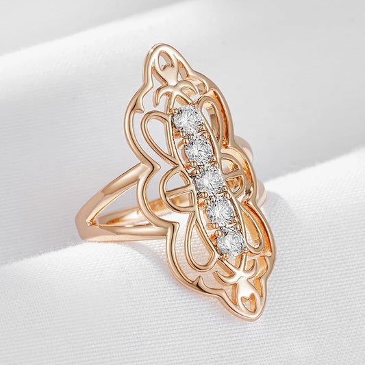 Wbmqda Simple Fashion 585 Rose Gold Color Leaf Shape Ring Natural White Zircon Setting High Quality Daily Matching Fine Jewelry