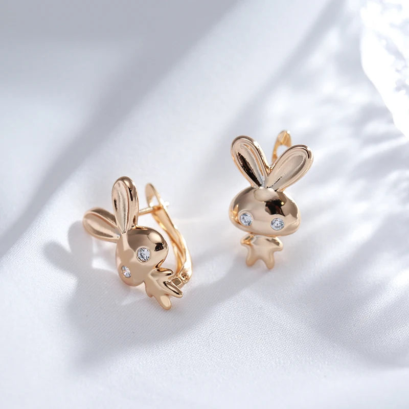 Wbmqda Cute 585 Rose Gold Color Rabbit Dangle Earrings For Women Natural Zircon Setting Unique Christmas Jewelry Gift