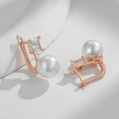 Wbmqda Simple Pearl Drop Earrings For Women 585 Rose Gold Color With Natural Zircon High Quality Daily Jewelry