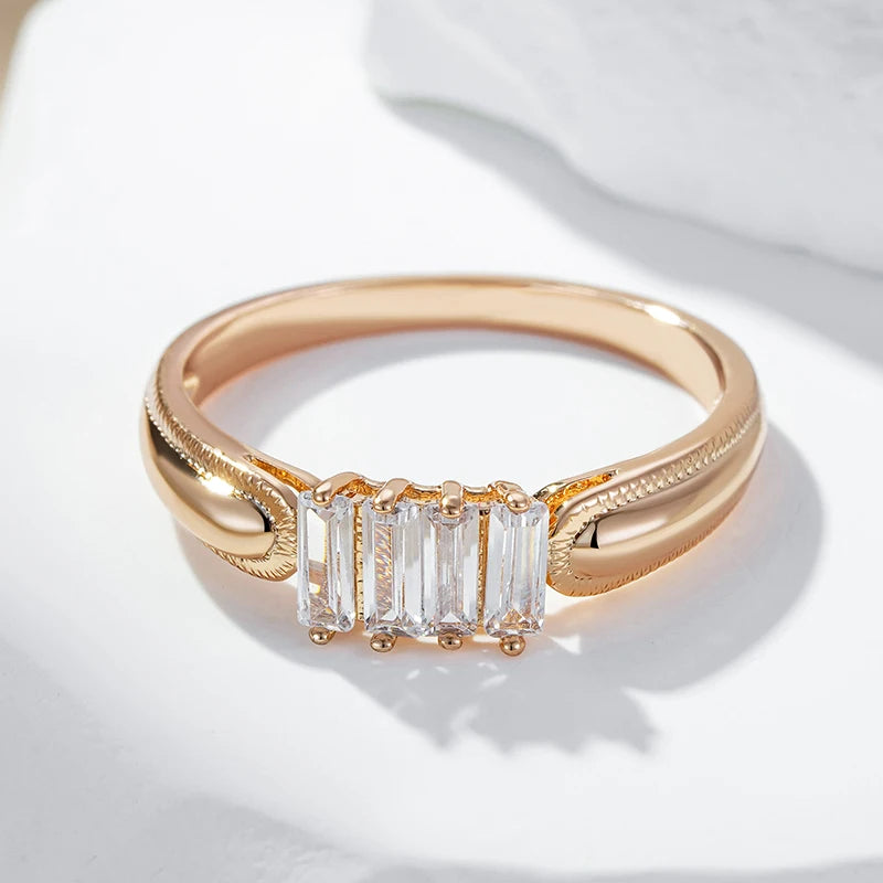 Wbmqda Simple Fashion Metal Glossy Ring For Women 585 Rose Gold Color With White Square Natural Zircon Fine Daily Party Jewelry